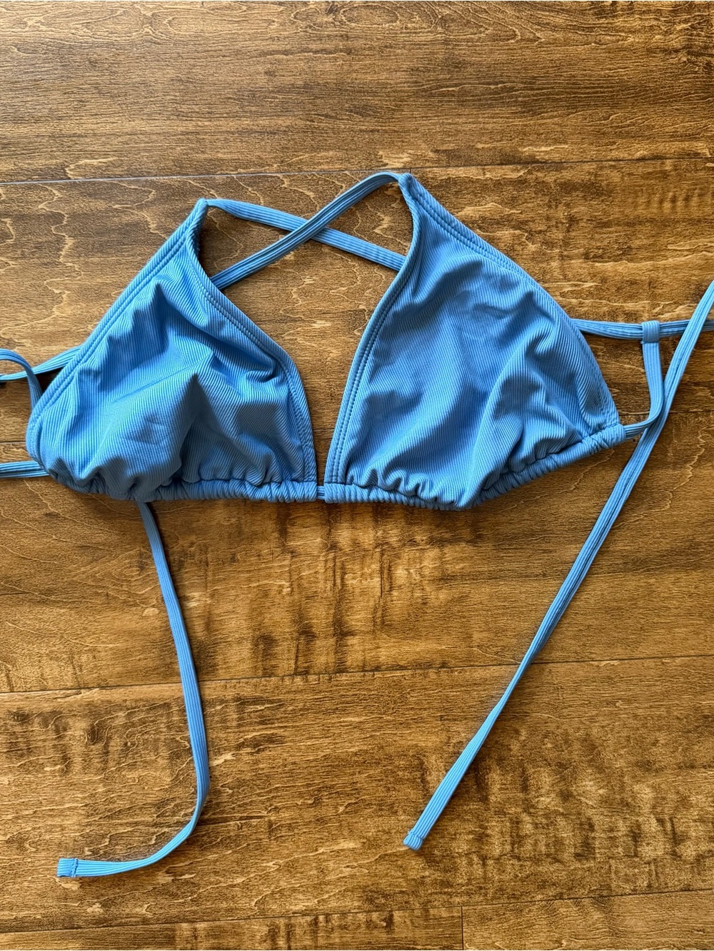 Shade & Shore Sky Blue Large Ribbed Triangle Bikini Top- Cross Back!
